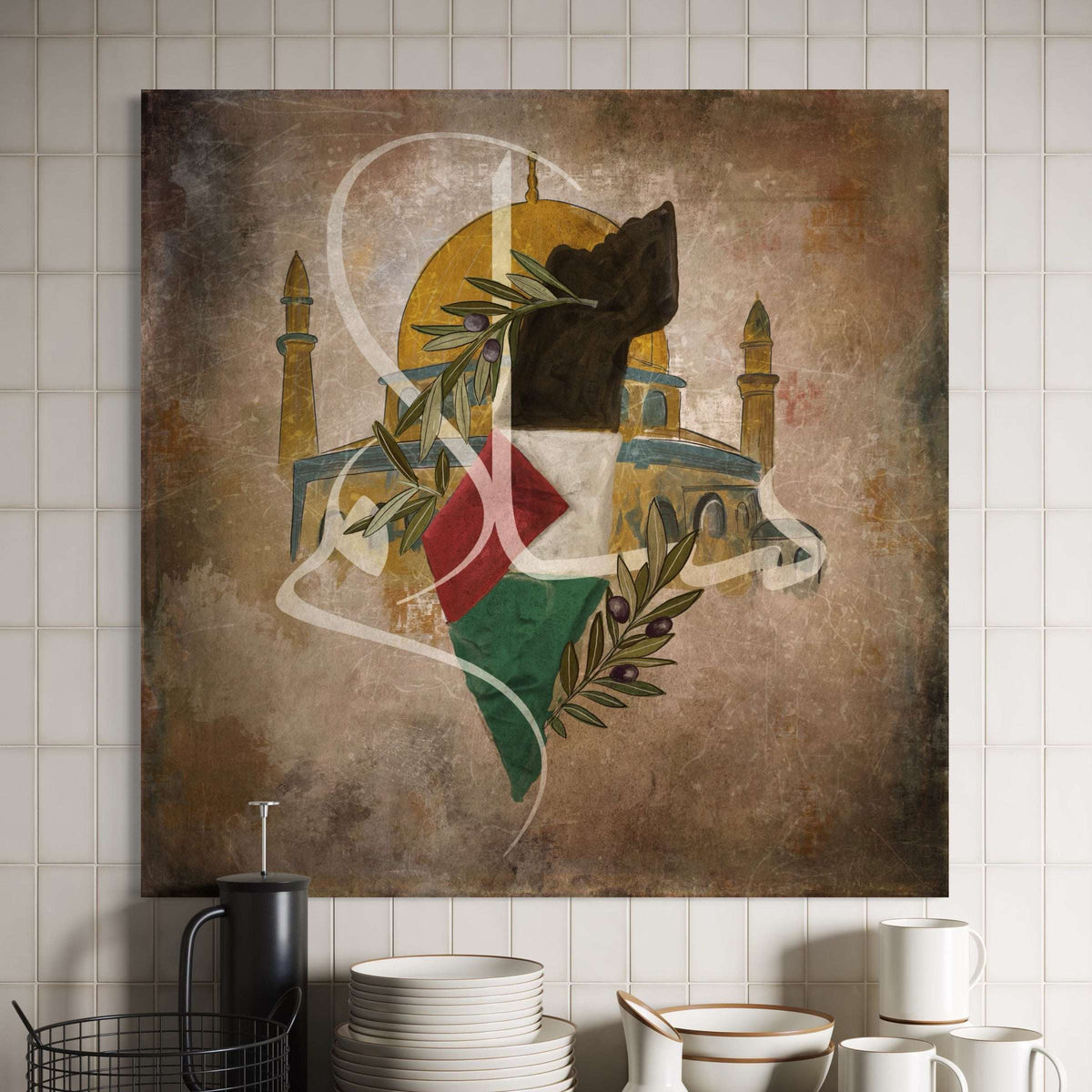 Palestine map with Masjid Al-Aqsa and olive leaves, Islamic canvas print – view 2