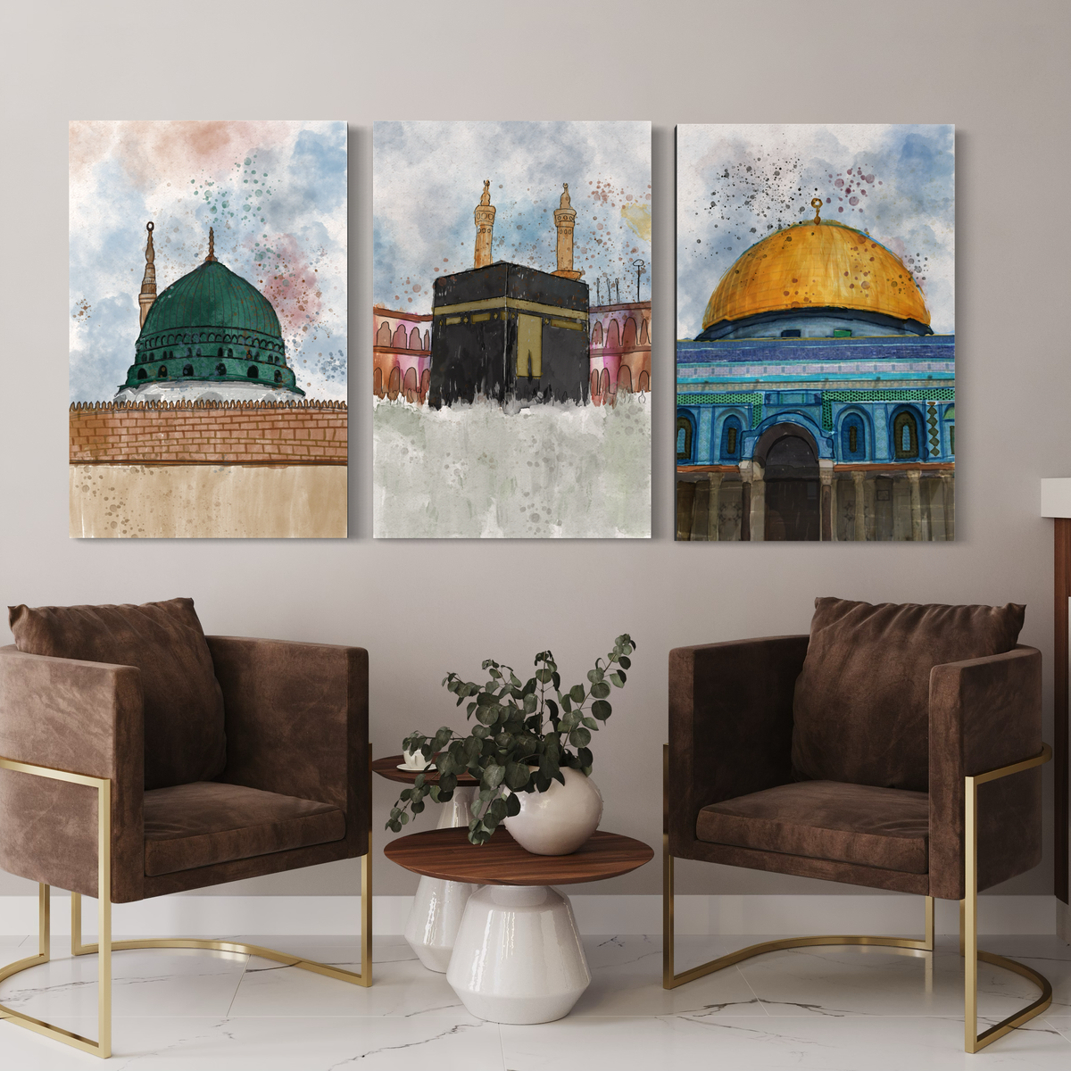 Makkah, Madinah and Masjid Al-Aqsa watercolour, set of 3 Islamic canvas prints – view 3