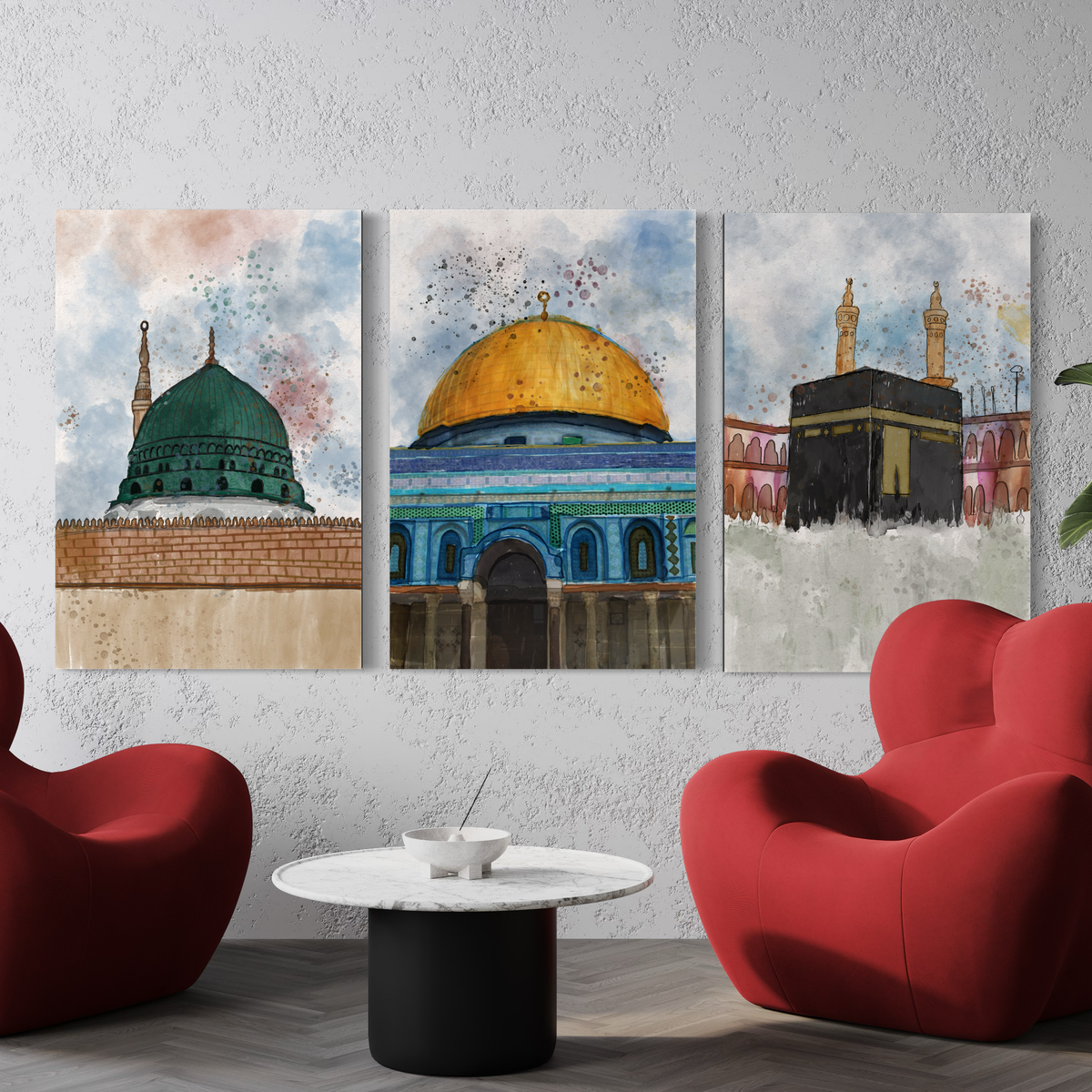 Makkah, Madinah and Masjid Al-Aqsa watercolour, set of 3 Islamic canvas prints – view 7